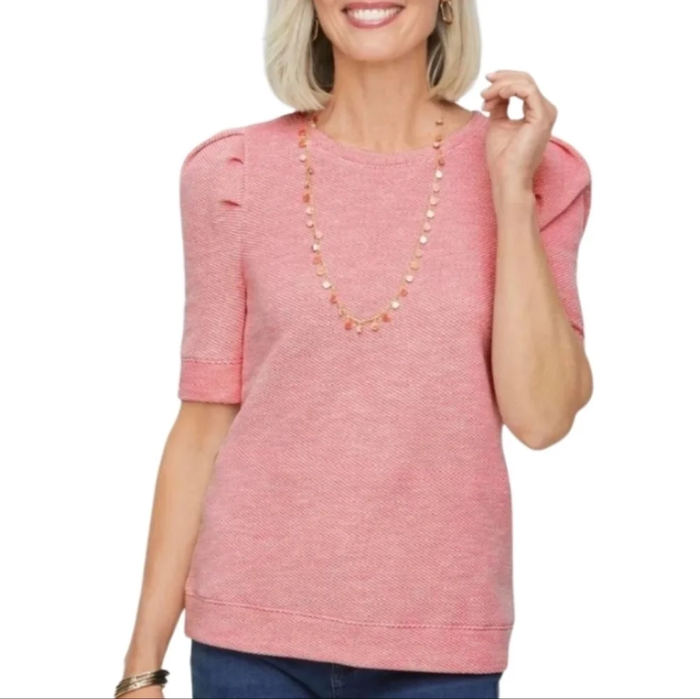 NEW! TALBOTS Jaquard Crenwck Puffy Sleeve Pullover Top 1X.